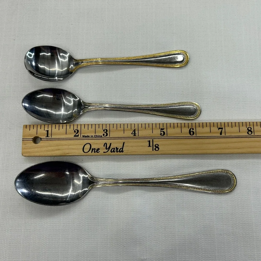 6 pc International Silver Royal Bead Gold Soup Tea Spoons Stainless Gold Trim